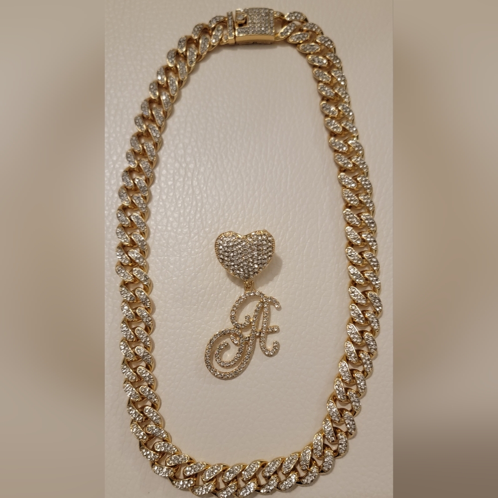 18K Gold Plated Iced Miami Cuban Link Chain With Heart/Cursive A Pendant - Picture 9 of 16